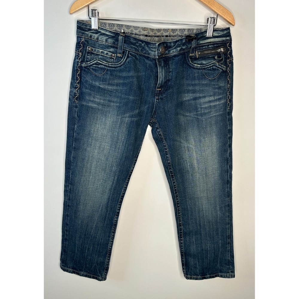 New ReRock x Express Y2K Low Rise Capri Jeans Size 10 Blue Embroider Flap Pocket - Picture 16 of 16